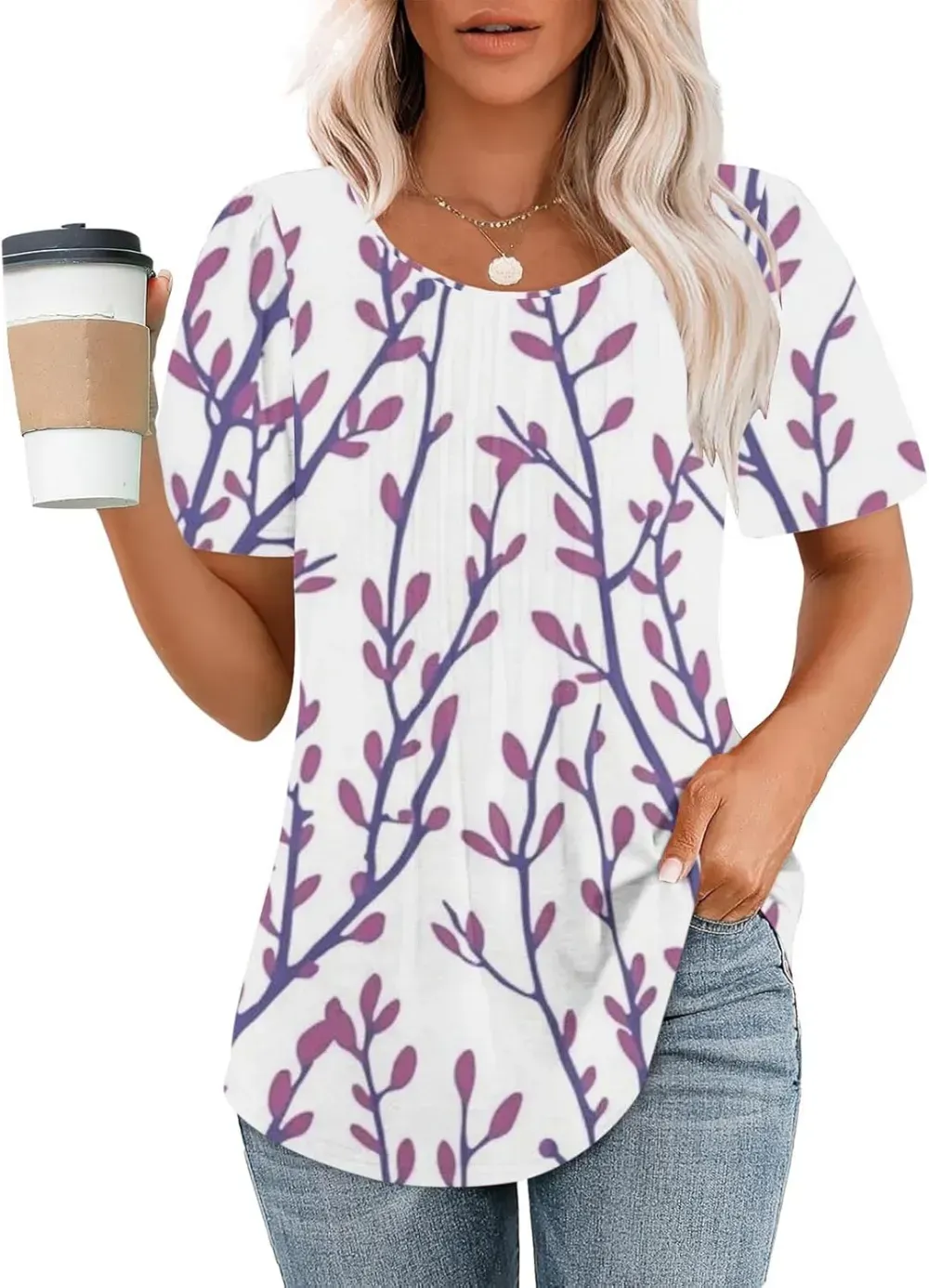 Womens Summer Pleated Front Shirts Tunics Casual Short Sleeved Loose Round Neck Boho Printed Tops Vacation Blouse