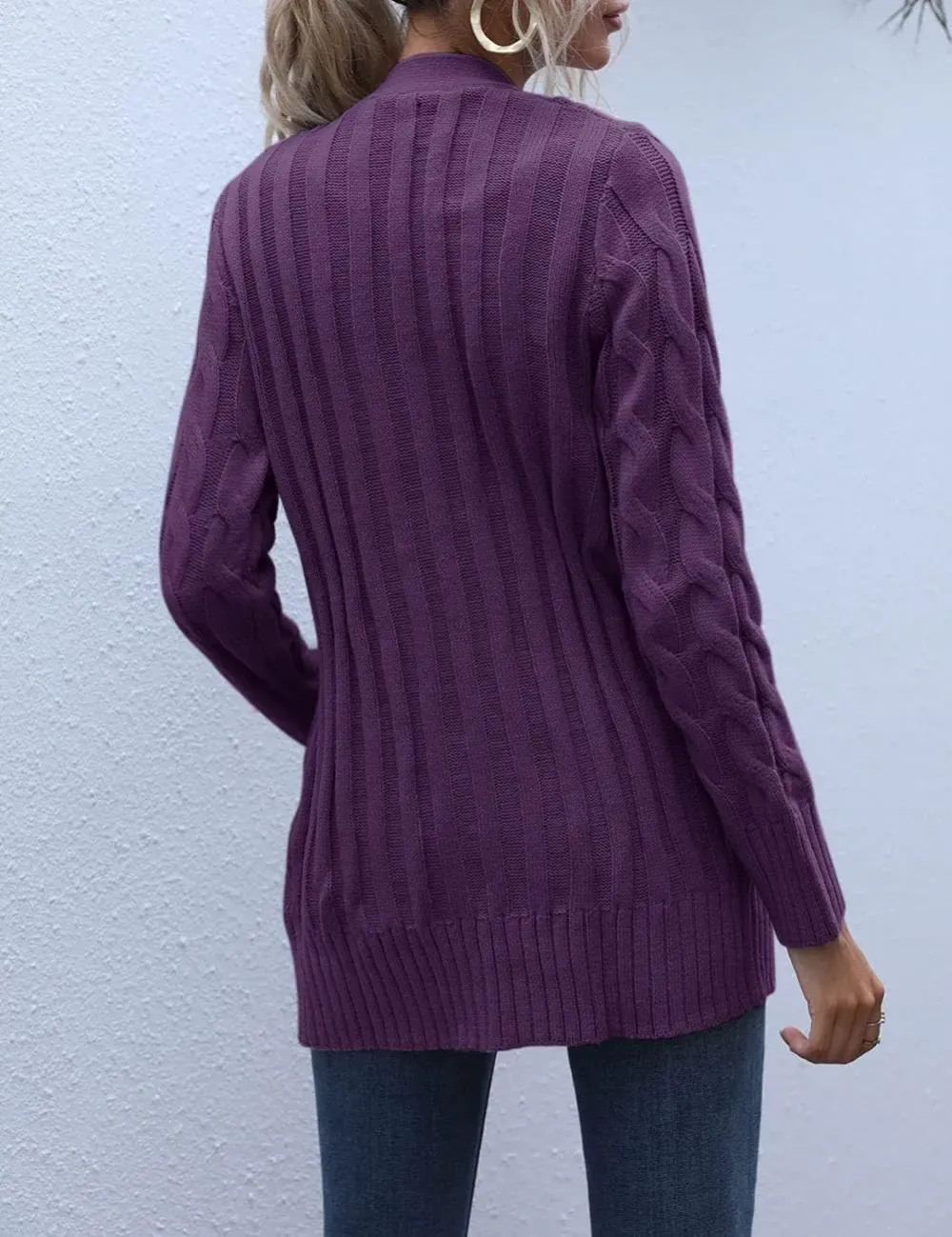 MEROKEETY Women's 2024 Fall Long Sleeve Cable Knit Sweater Open Front Cardigan Button Loose Outerwear