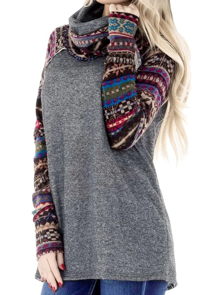 Heaps Collarck Splice Print Long Sleeve Tops