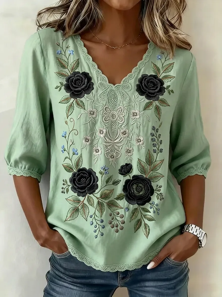 Women's Nashville Floral Rose Embroidered Printed V-Neck Top
