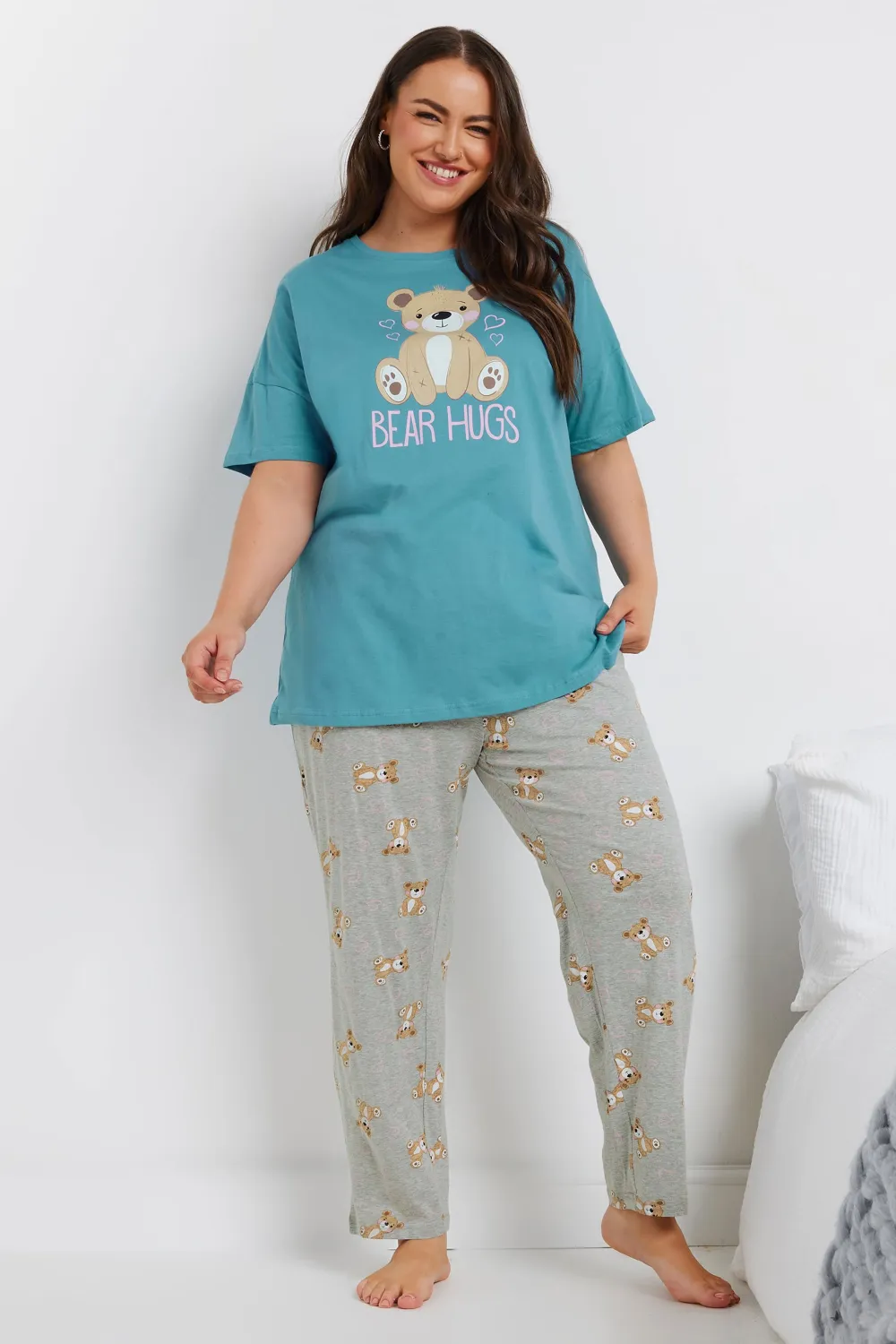 YOURS Curve Blue 'Bear Hugs' Wide Leg Pyjama Set