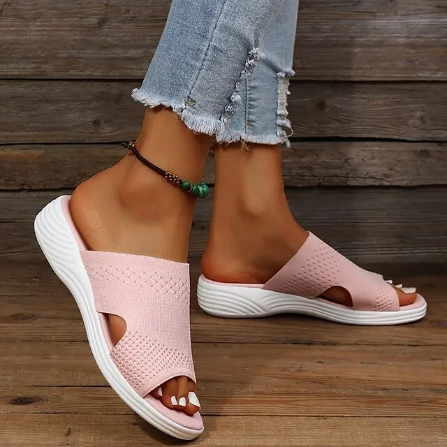 Women's Sandals Plus Size Outdoor Slippers Flyknit Shoes Outdoor Daily Beach Summer Flat Heel Open Toe Classic Casual Synthetics Tissage Volant Loafer Solid Color Solid Colored Black Pink Blue