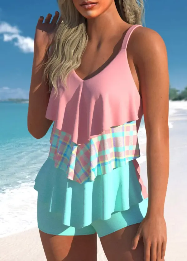 V Neck Patchwork Light Pink Tankini Top