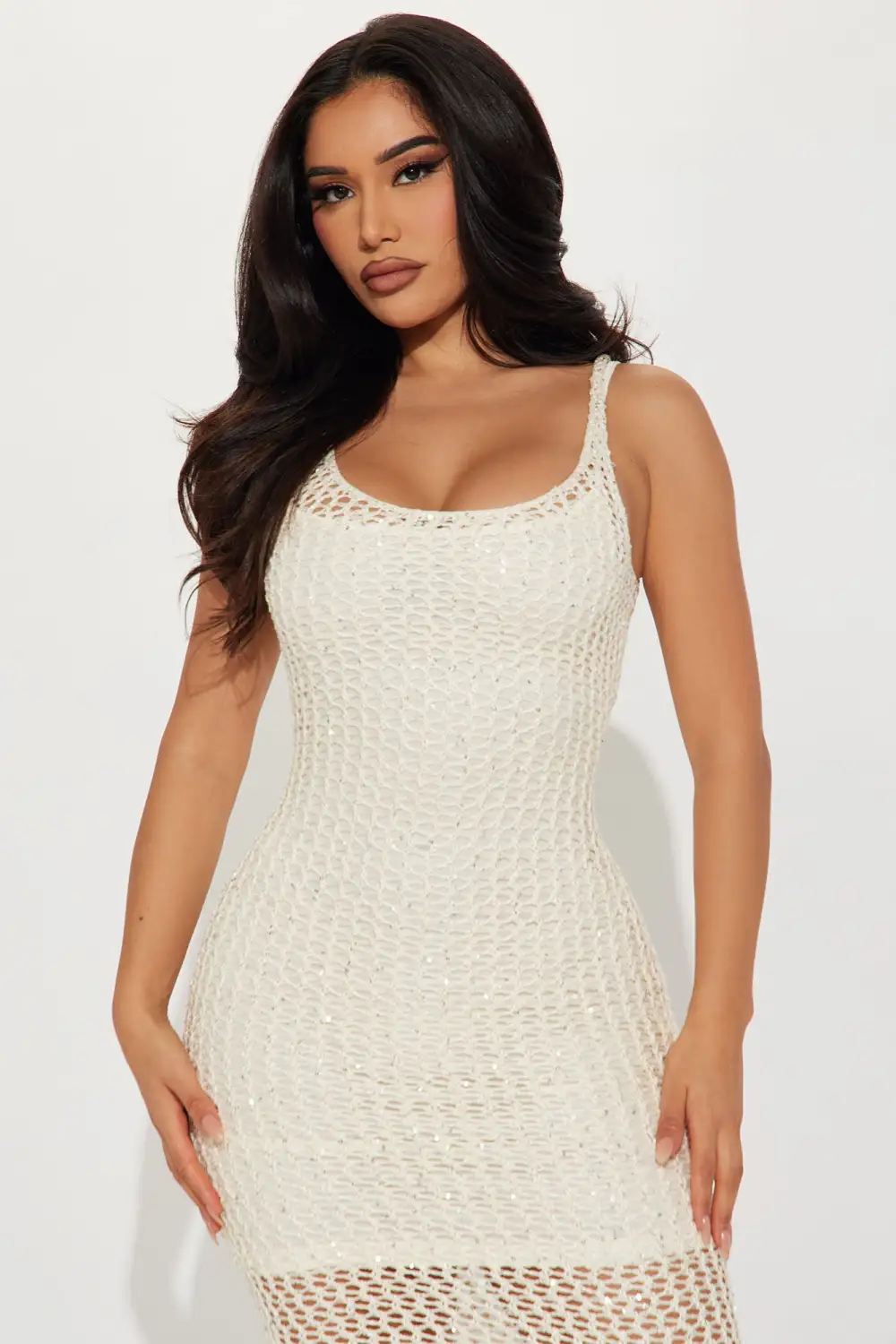 Kaylie Sequin Crochet Midi Dress - Ivory