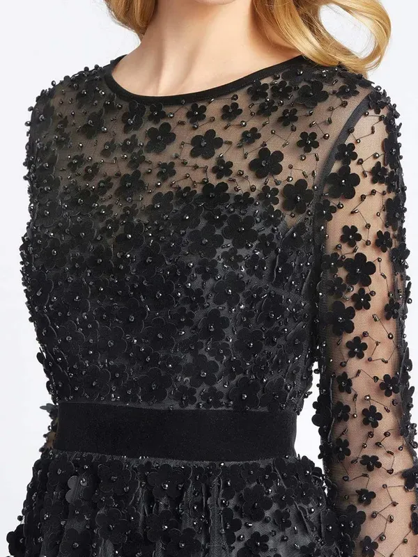 Embellished Sheer Long Sleeve A-Line Midi Dress