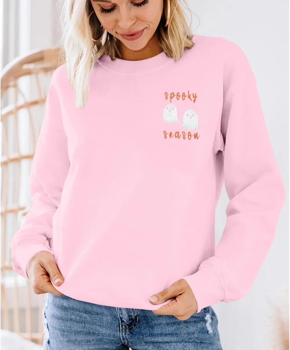 LOTUCY Halloween Sweatshirt Women Cute Spooky Season Sweatshirts Ghost Fall Embroidered Sweater Pullover Top