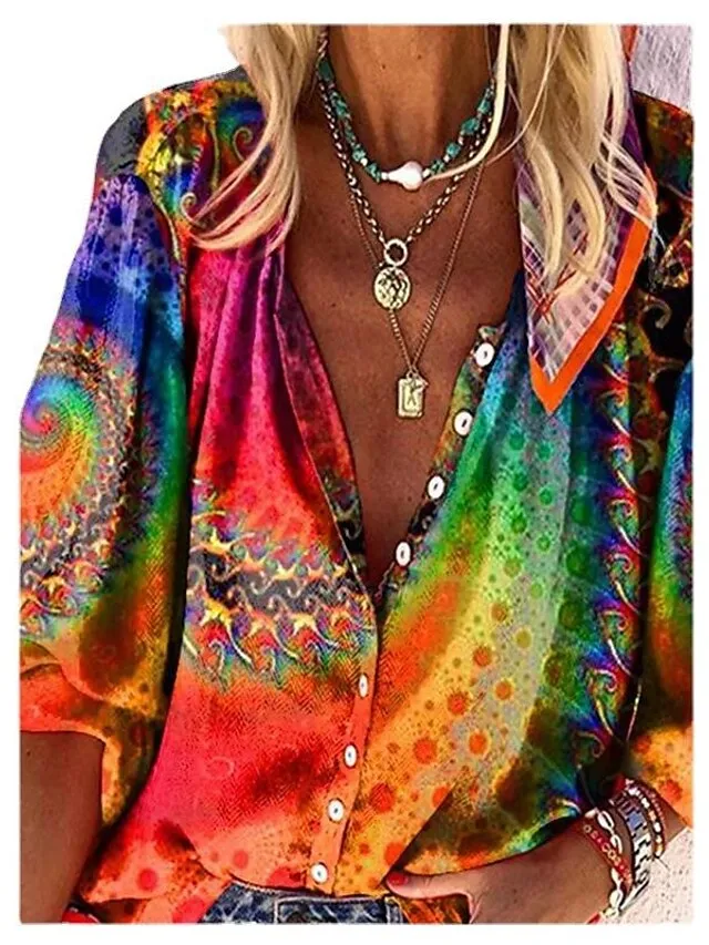 Women's Shirt Blouse Yellow Orange Graphic Button Print Long Sleeve Casual Daily Basic Neon & Bright V Neck Regular Fit Fall & Winter