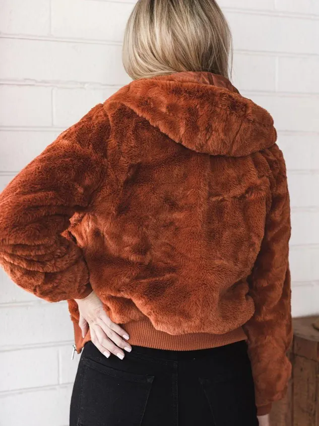 Women Casual Rust Faux Fur Bomber Jacket