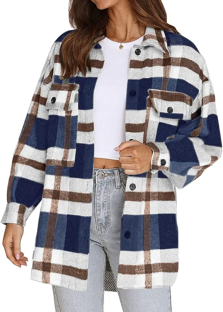 Women's Flannel Plaid Shacket Long Sleeve Button Down Chest Pocketed Shirts Jacket Coats