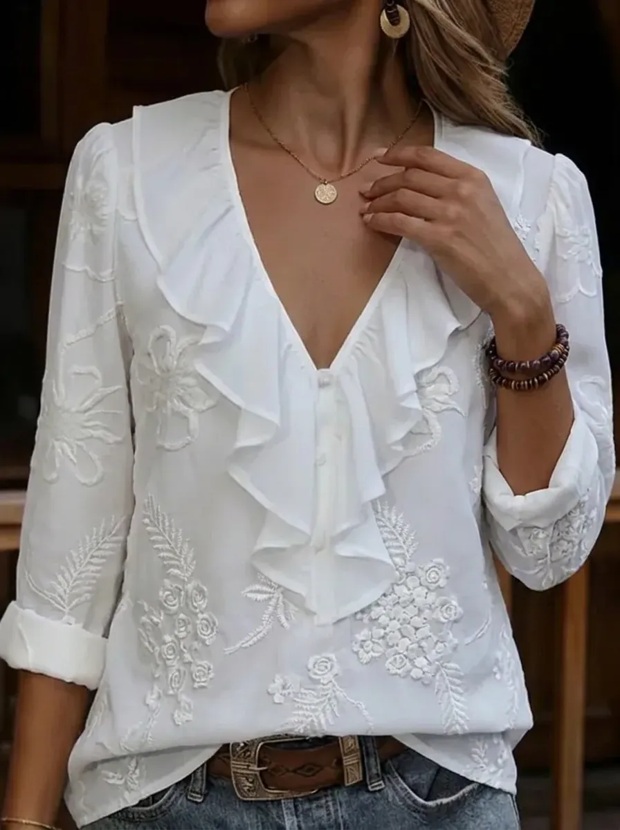 Women's Nashville Floral Embroidery Ruffle V-Neck Printed Top