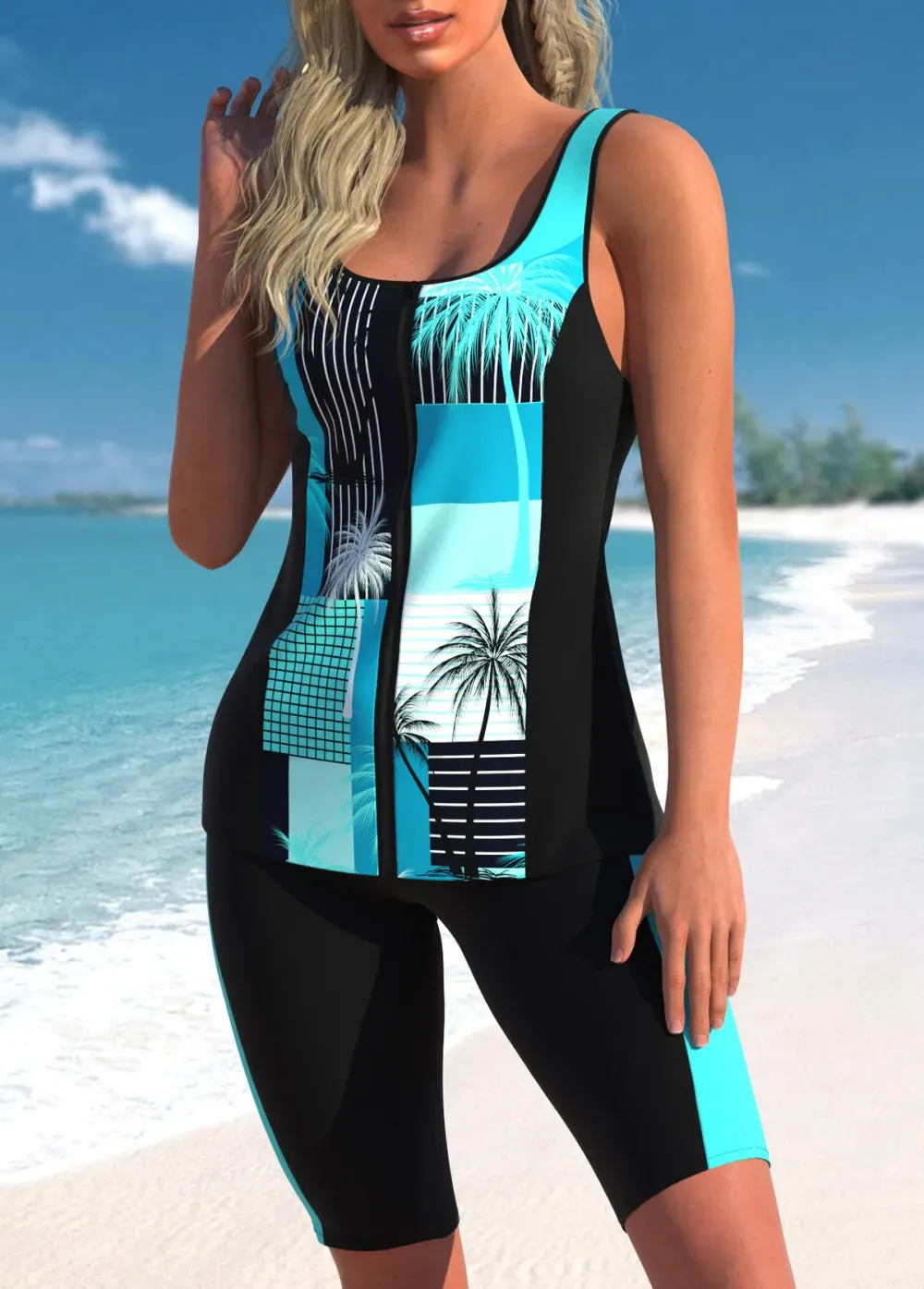 Zipper Tropical Plants Print Cyan Tankini Top