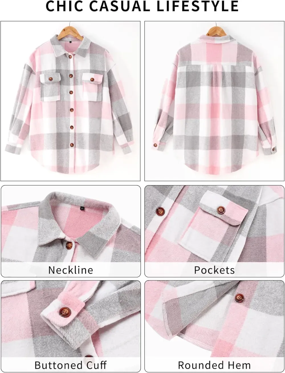 Women's Casual Plaid Flannel Shacket Jacket Oversized Button Down Long Sleeve Fall Shirts Jacket Lapel Coats Tops