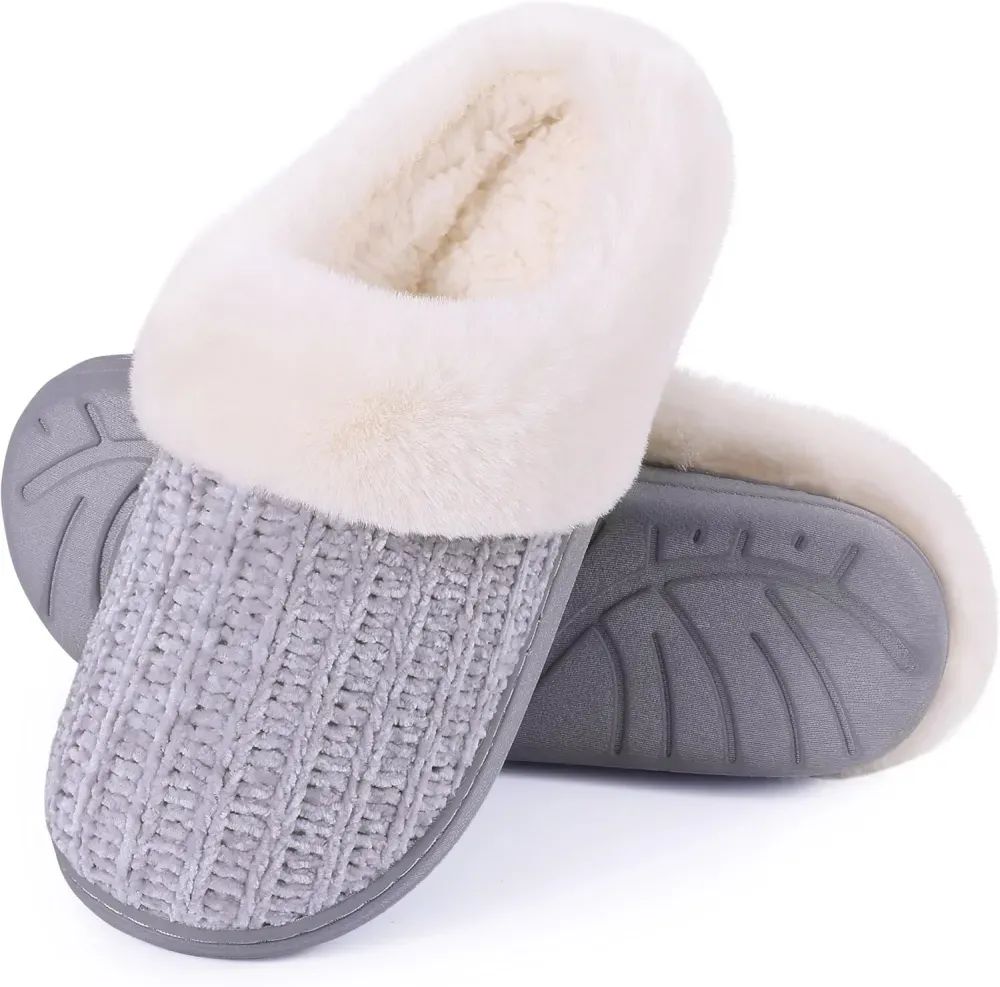 Warm Knit House Slippers for Women Comfy Wool-Like Lined Chenille Slippers with Memory Foam and Indoor Outdoor Soles