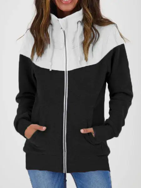 Women Long Sleeve Turtle Neck Cardigan Zipper Stitching Sweatshirts Tops