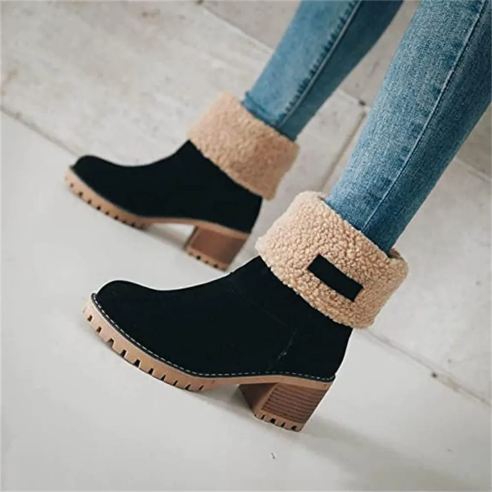 Women Snow Boots Winter Faux Fur Warm, Outdoor Hiking Booties Casual Fashion Soft Waterproof Windproof insulated Mid Calf Boots, Comfortable Thick Plush Keep Warm Shoes (Black 1,7)