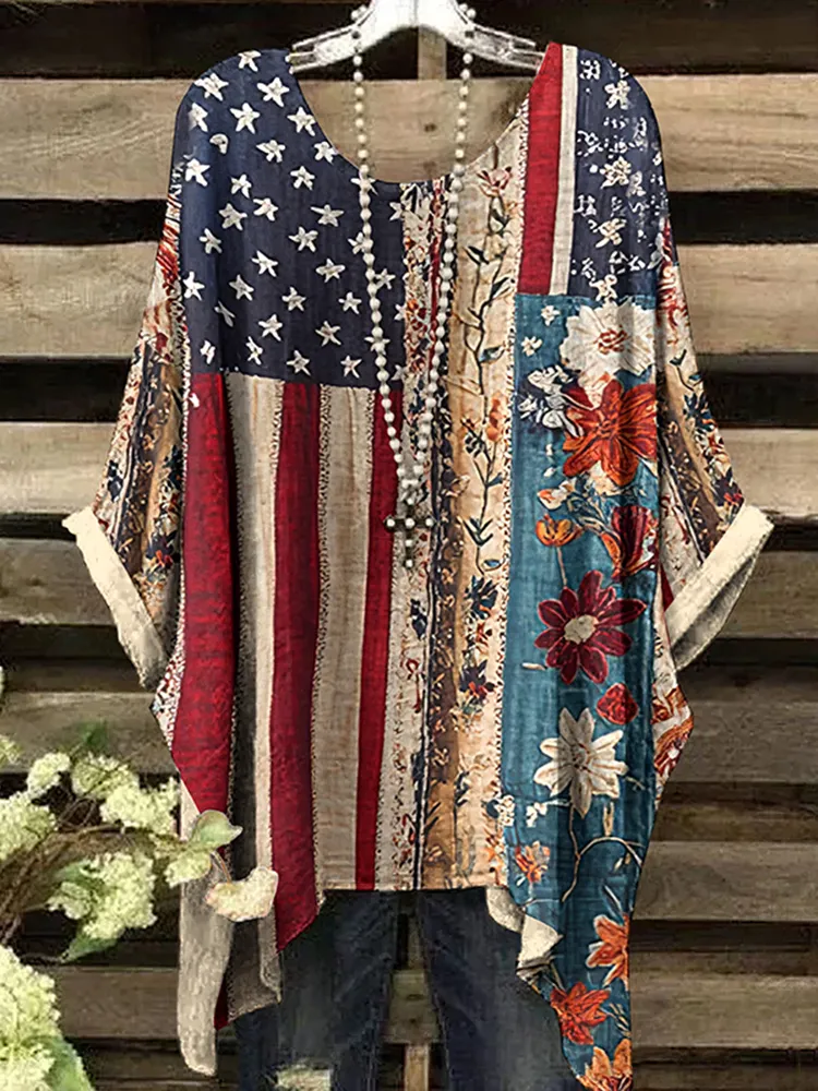 Vintage Independence Day American Flag With Floral Art Irregular Shirt