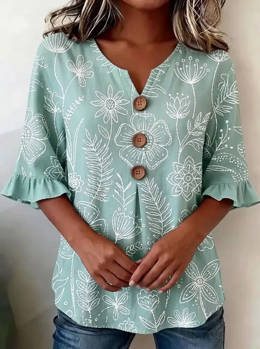 Women's Nashville Floral Botanical Printed V-Neck Button Top