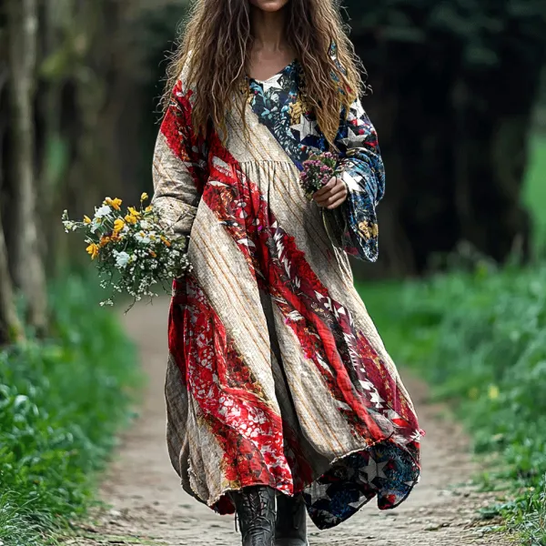 Women's Vintage Geometry Color Block Print Long Sleeve Cotton Dress