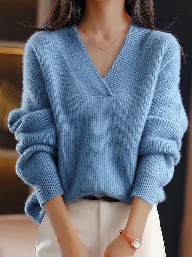 Women's Pullover Sweater Jumper V Neck Ribbed Knit Polyester Oversized Fall Winter Regular Outdoor Daily Going out Stylish Casual Soft Long Sleeve Solid Color Navy Blue Blue Camel S M L
