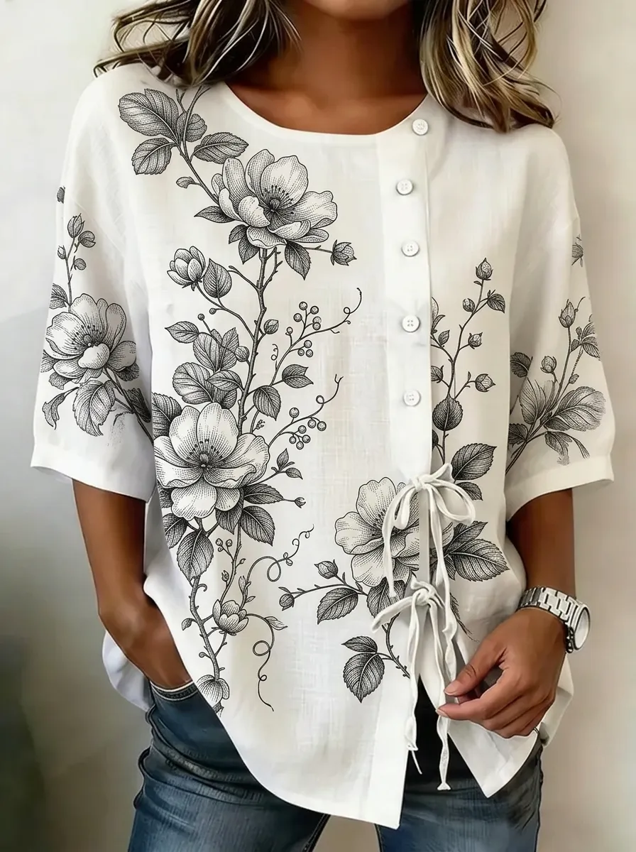 Women's Nashville Floral Botanical Sketch Printed Top