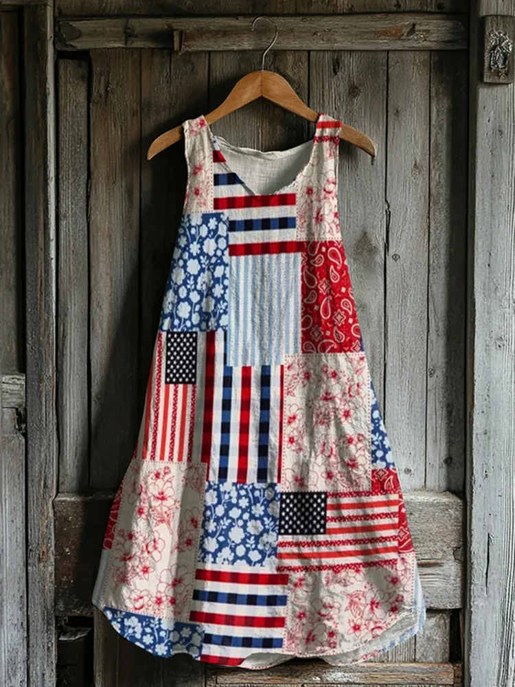Vintage Independence Day American Flag Patch Floral & Paisley Art Linen Tank Dress