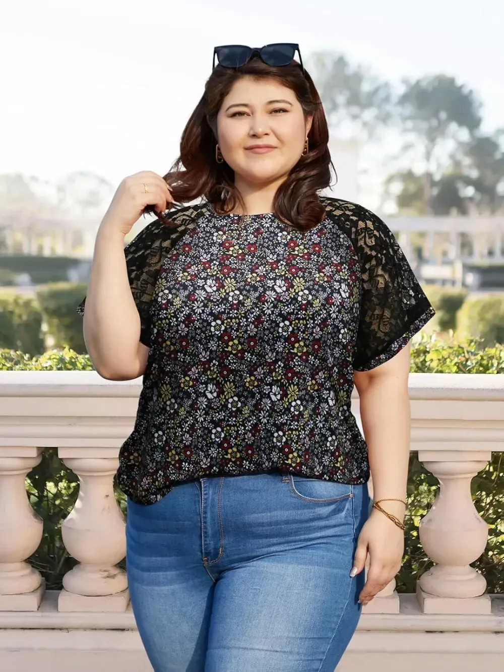 HDLTE Womens Plus Size Tops Floral Bell Sleeves Blouses Summer Crewneck Tunic Loose Casual T Shirts