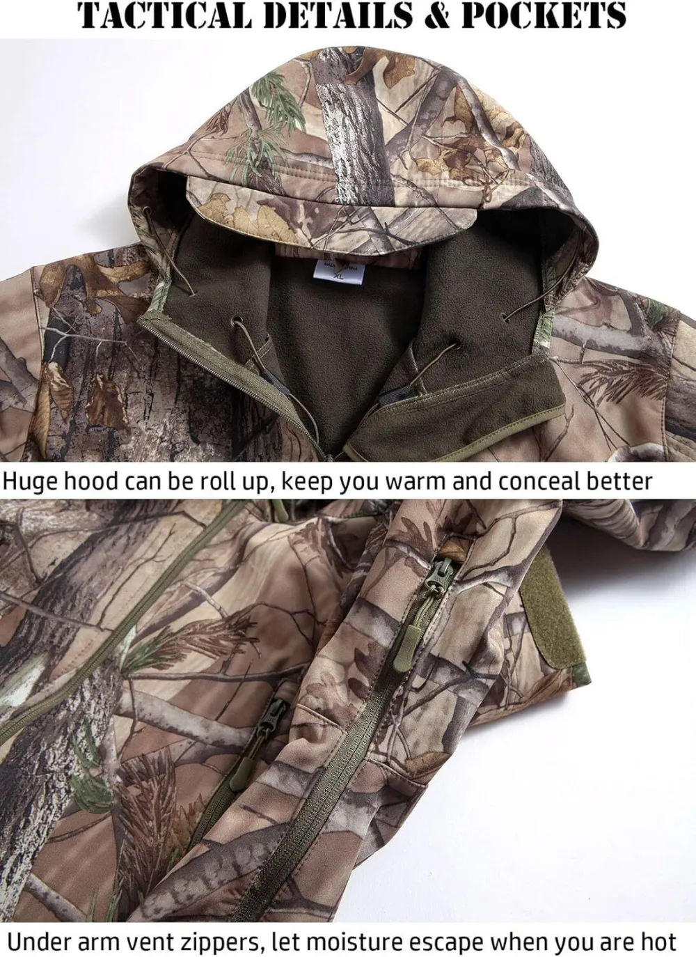 Men's Soft Shell Military Tactical Jacket Outdoor Camouflage Hunting Fleece Hooded Coat