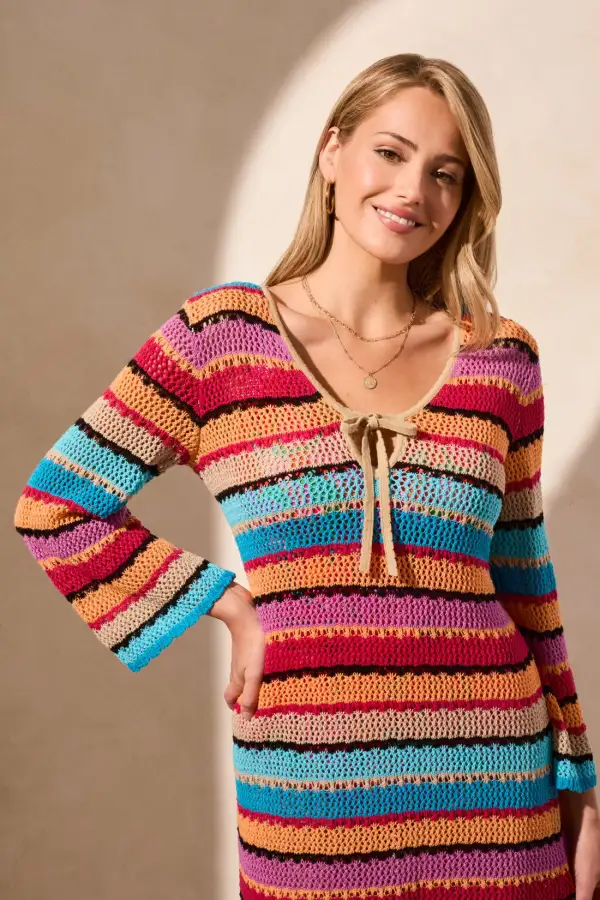 Crochet Knit Bell Sleeve Cover-Up Dress-Flame