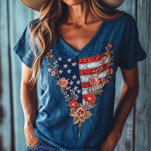 Women's Vintage Flag Floral Embroidered Cotton And Linen T-shirt