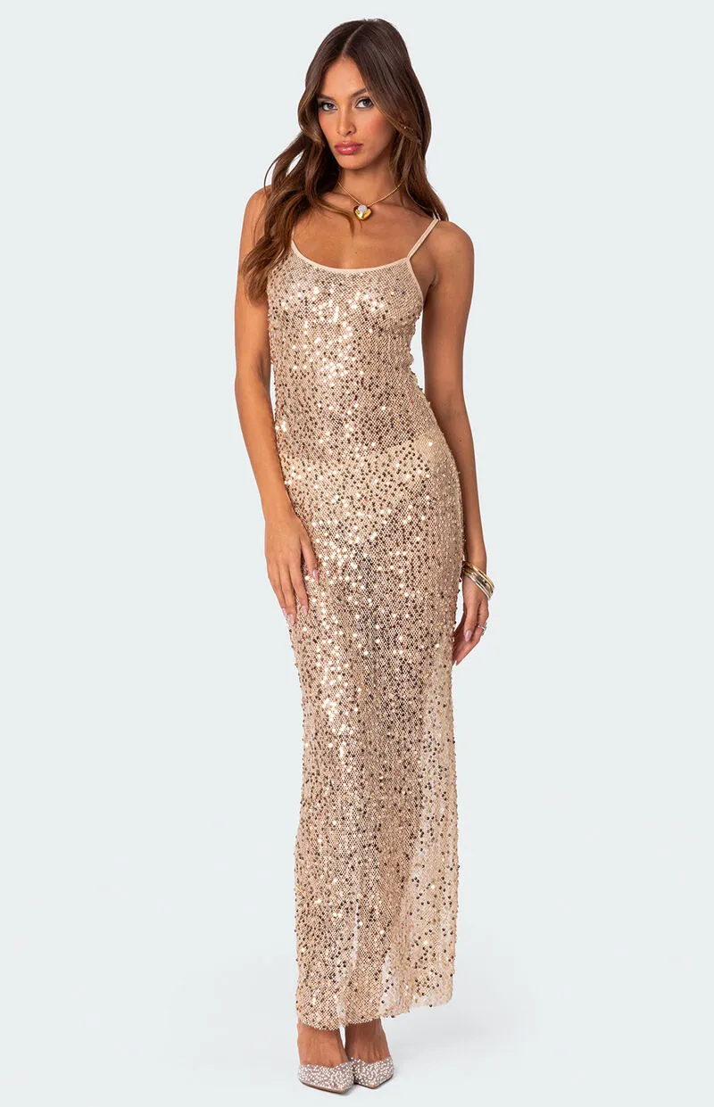Edikted Sequin Sheer Mesh Maxi Dress