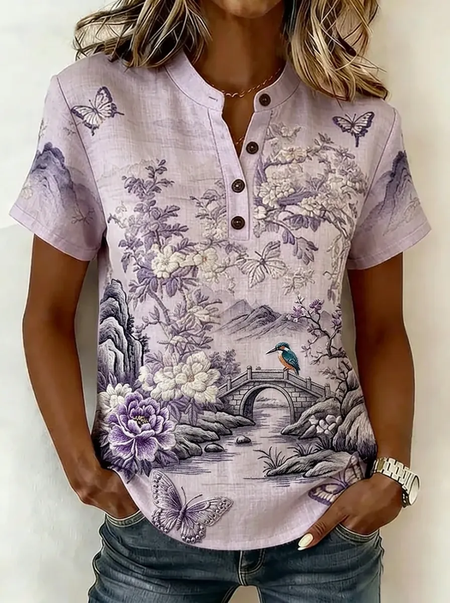 Women's Nashville Butterfly Floral Landscape Printed Henley Shirt