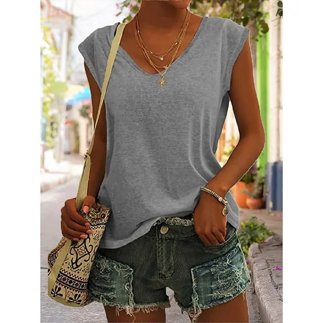 Women‘s Blouse T shirt Tee Basic Plain Daily V Neck Sleeveless Regular Summer Green White Black Blue Pink