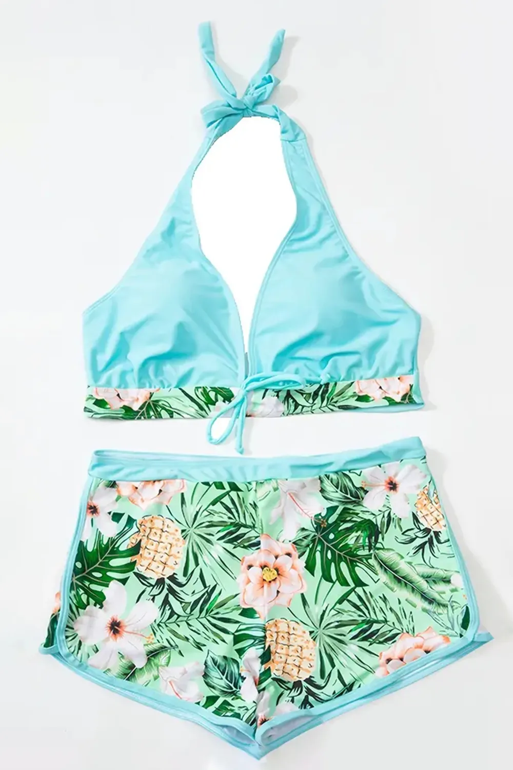 Floral Print Deep V Shape Halter Bikini Boxer Swimsuit