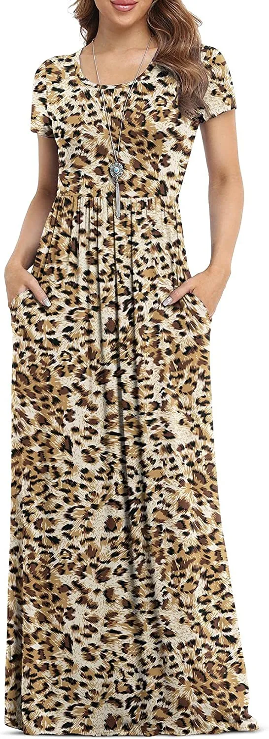 Women's Short Sleeve Loose Plain Maxi Dresses Casual Long Dresses with Pockets