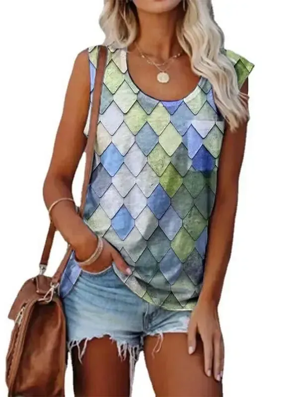 Women's Sleeveless Scoop Neck Chic Printed Tops T-shirts