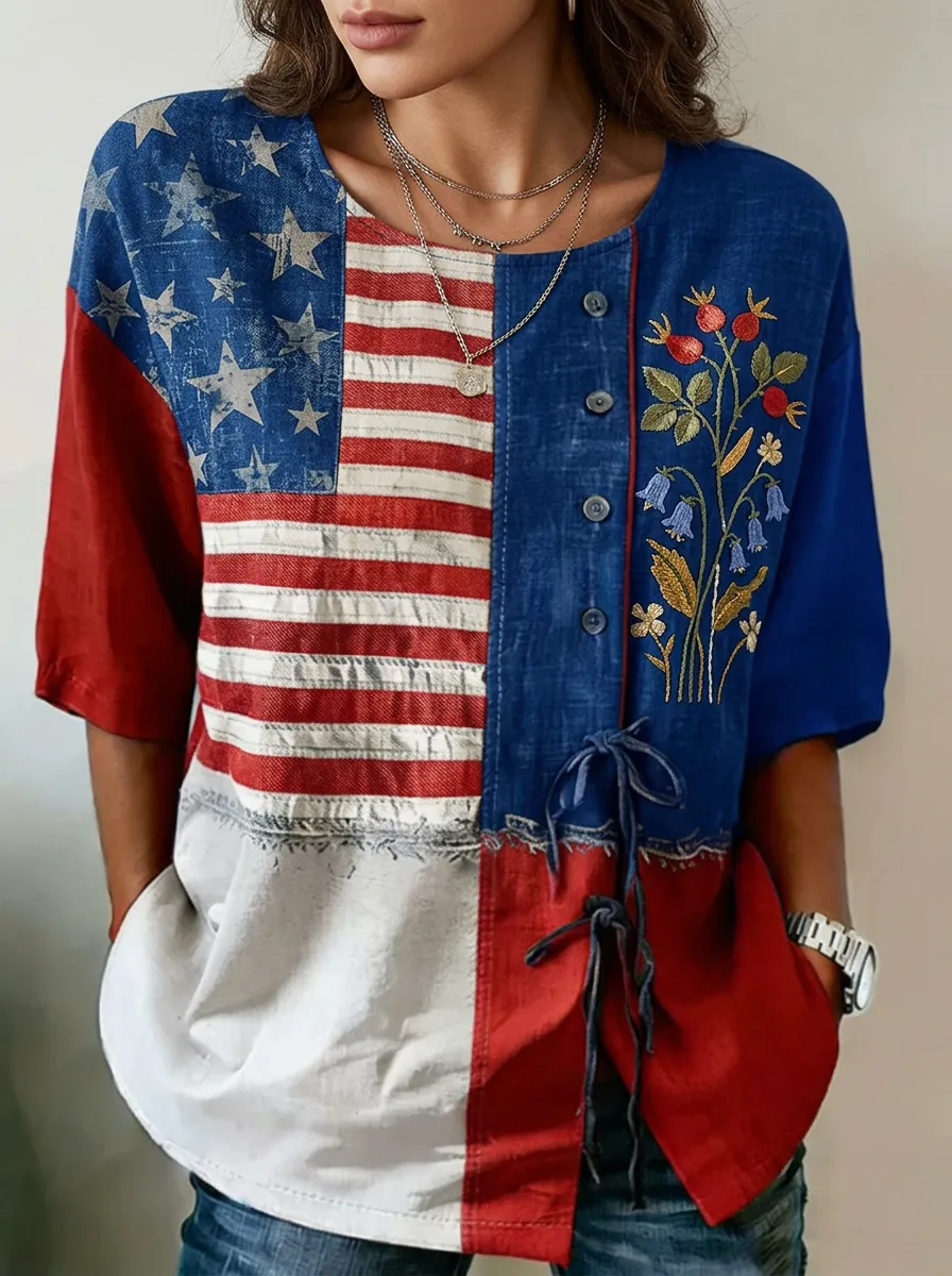 Women's Nashville American Flag Floral Printed Button-up Top