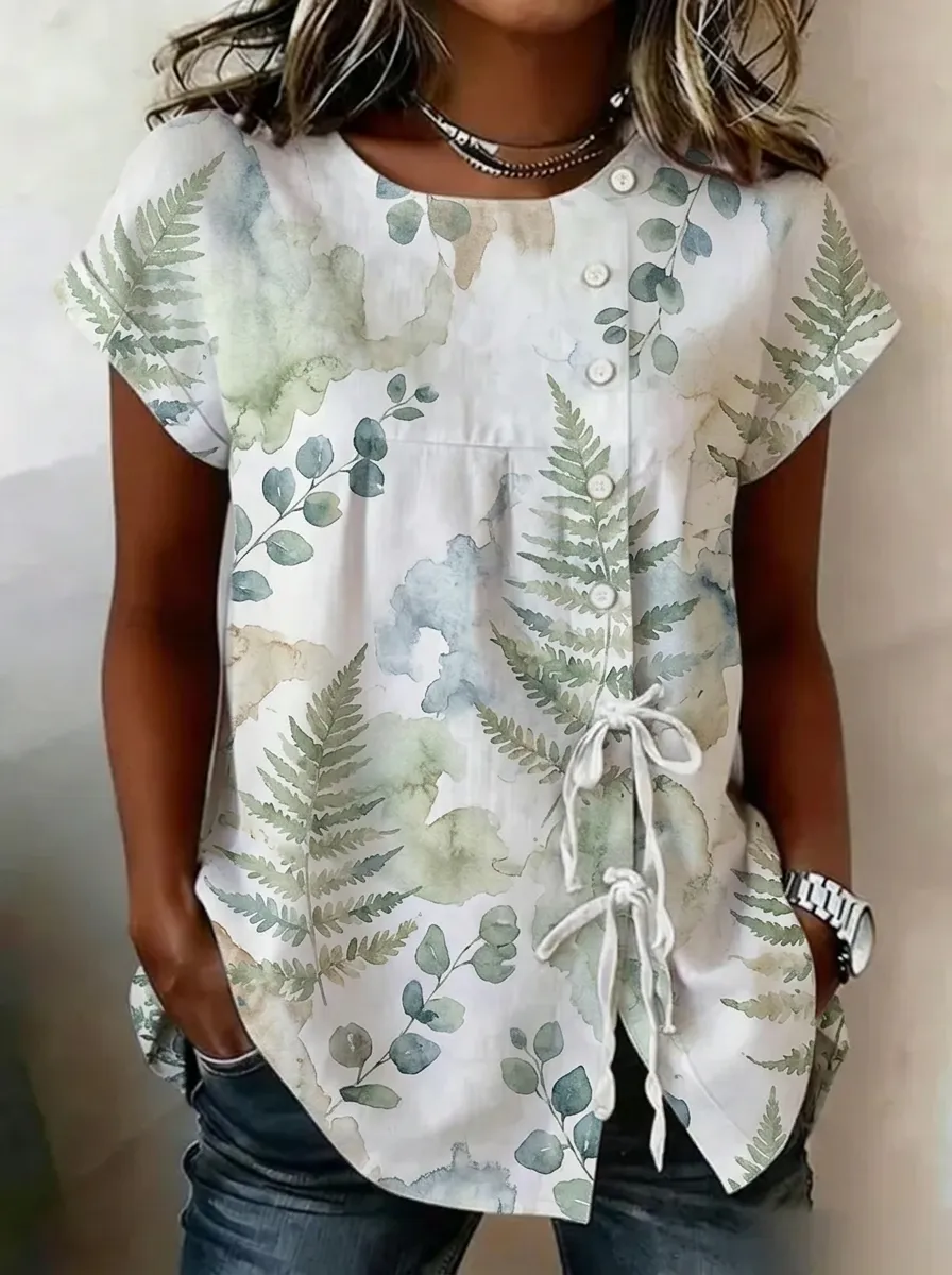 Women's Nashville Botanical Fern Watercolor Printed Button-up Top