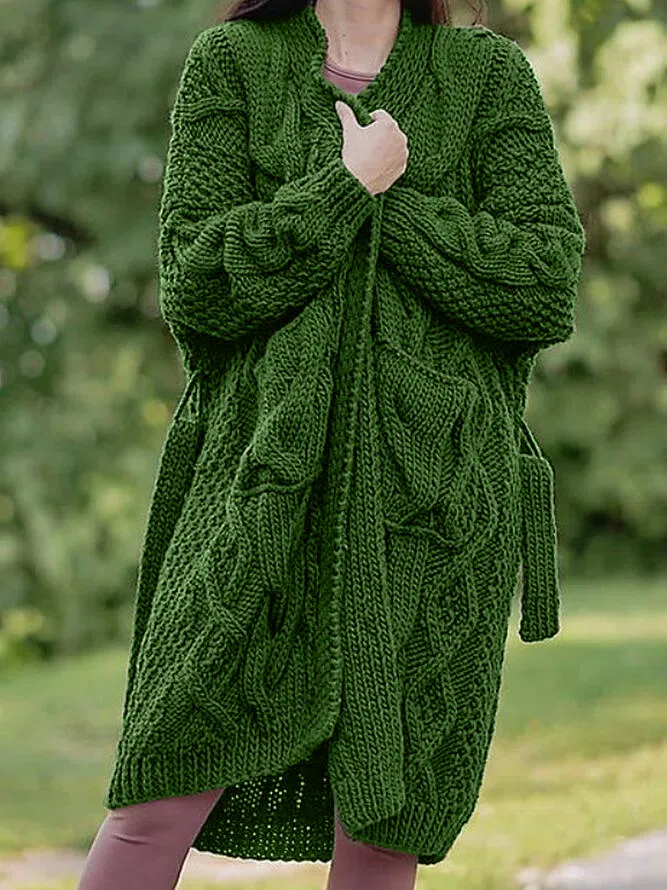 Plain Lace-Up Casual Sweater Coat