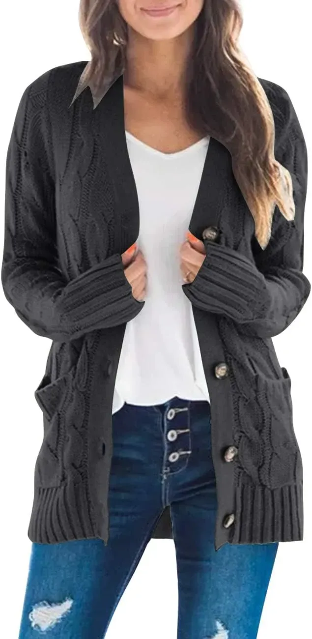 MEROKEETY Women's 2024 Fall Long Sleeve Cable Knit Sweater Open Front Cardigan Button Loose Outerwear