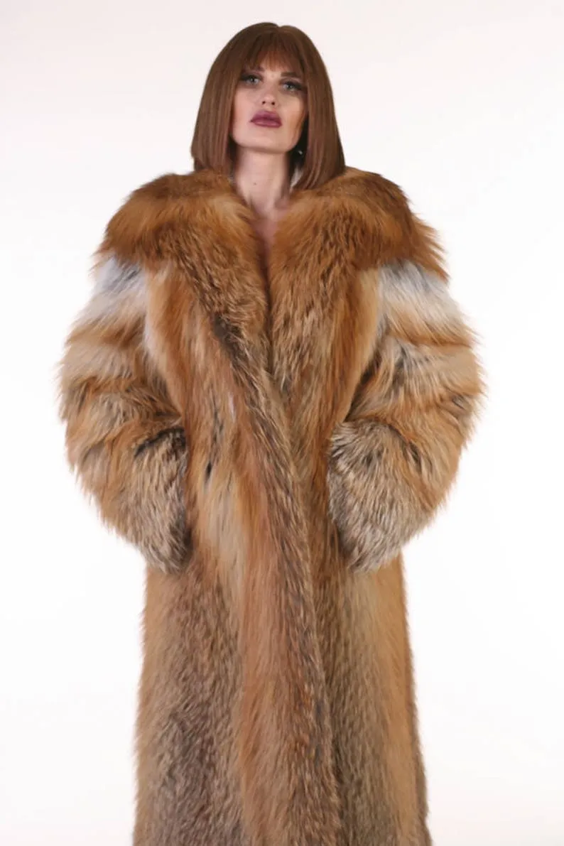 Full Length Red Fox Fur Coat Hooded