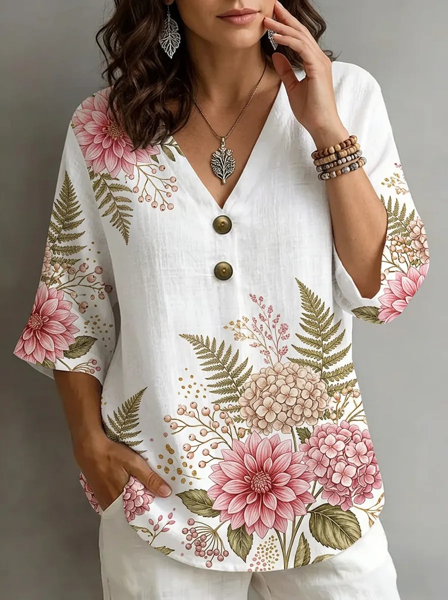 Women's Nashville Floral Fern Botanical Printed V-Neck Top