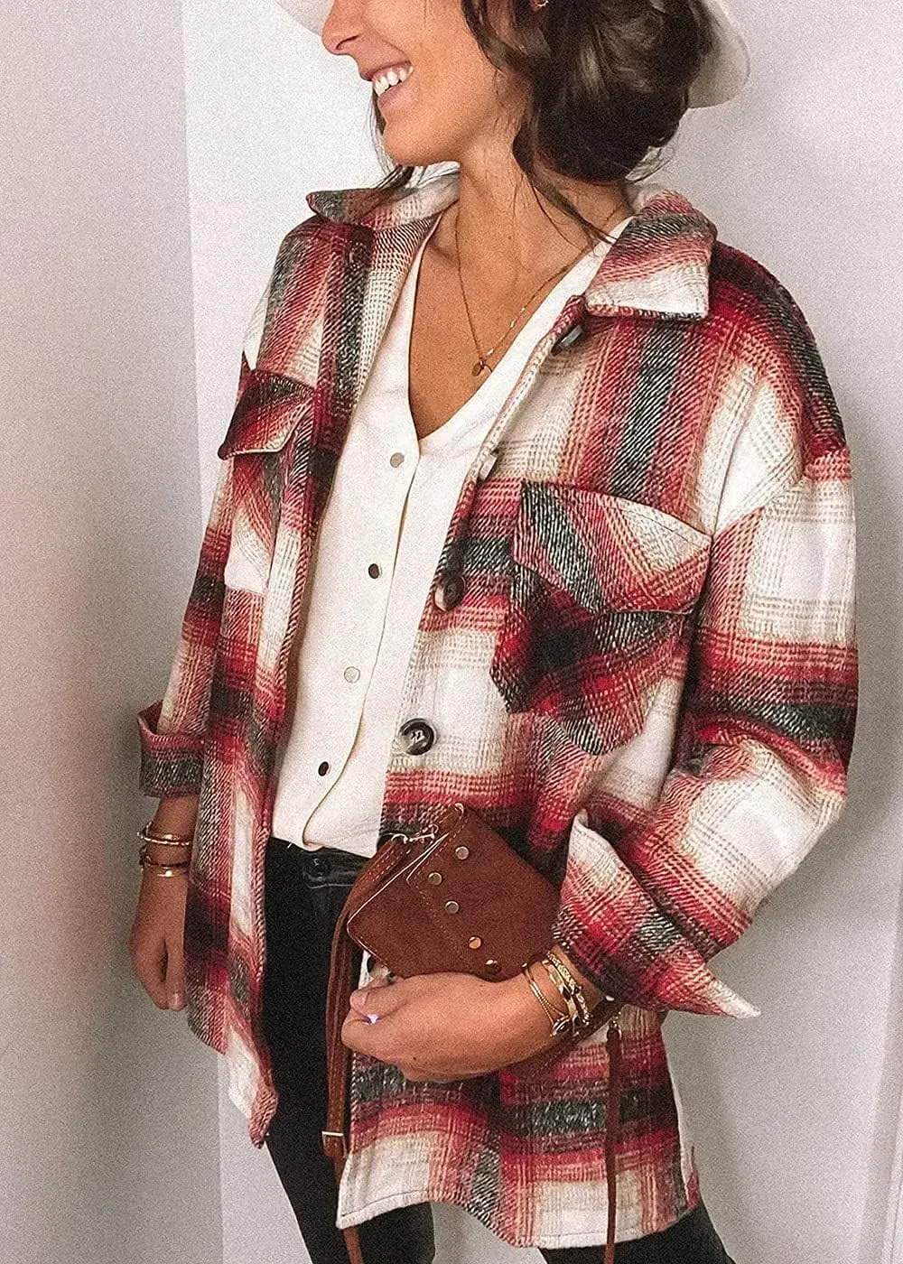 Women's 2023 Fall Clothes Plaid Shacket Jacket Long Sleeve Button Down Flannel Shirts Fashion Blouse