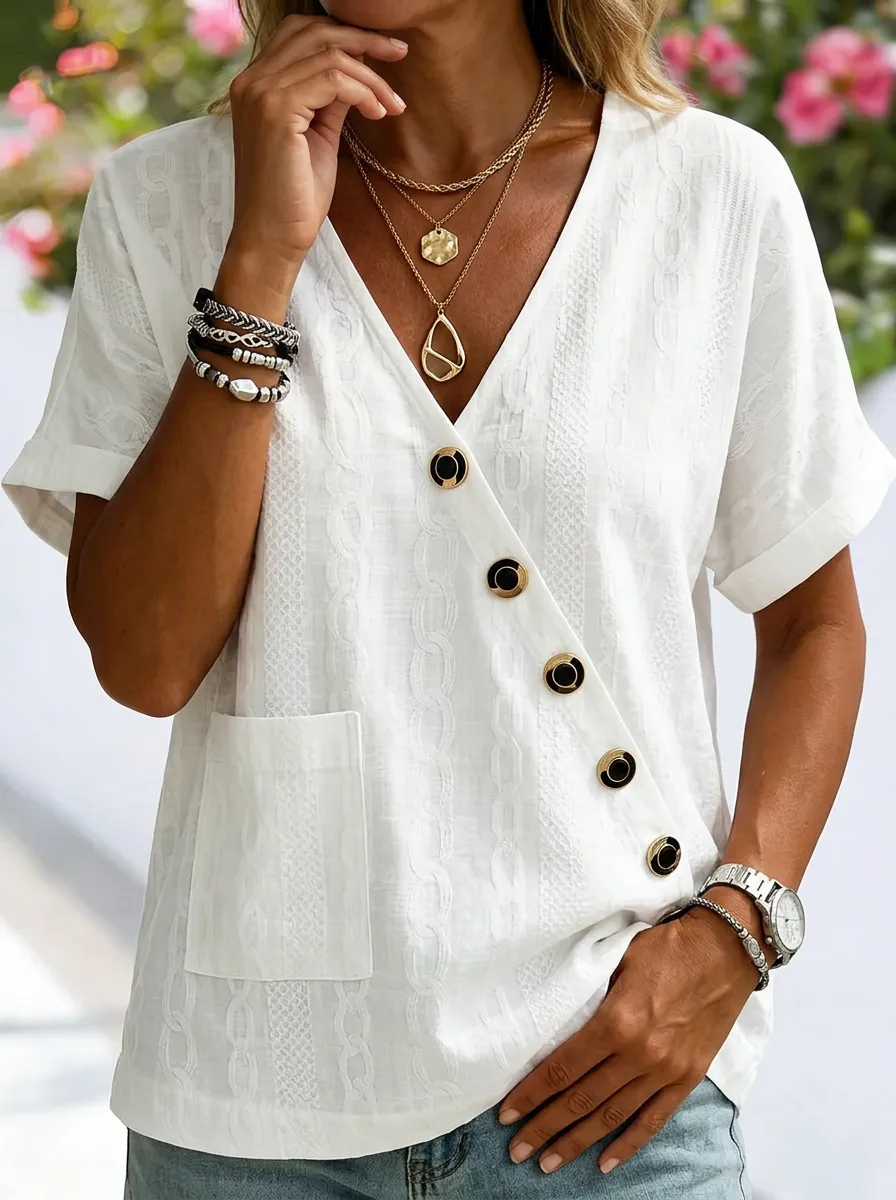 Women's Nashville Travel Asymmetric Button Textured Printed Top