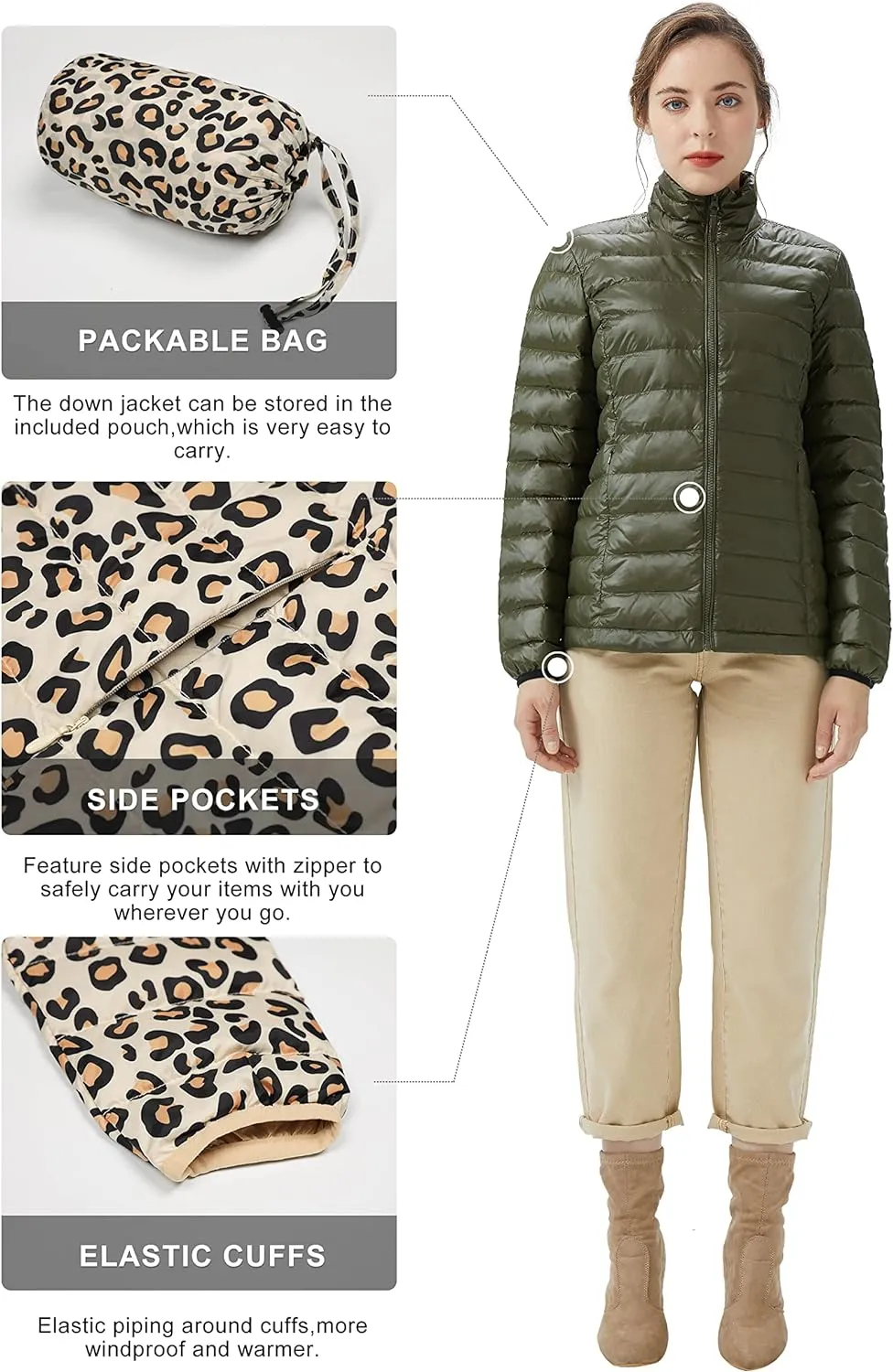 Women's Lightweight Packable Down Jacket Quilted Puffer Coat with Stand Collar