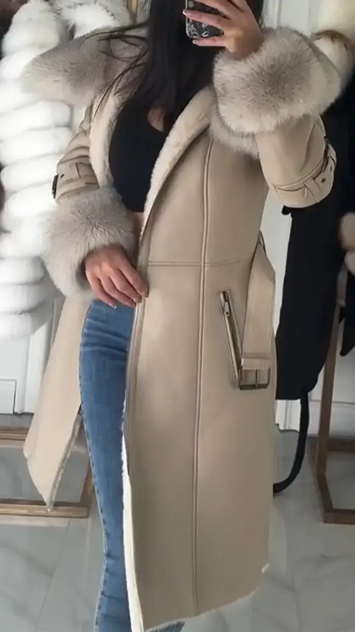 Women's Fur Lapel Long Leather Coat