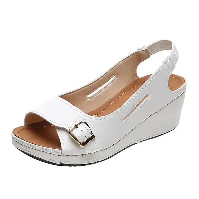 Women's Sandals Wedge Sandals Platform Sandals Plus Size Outdoor Daily Walking Summer Buckle Wedge Heel Peep Toe Classic Casual PU Leather Faux Leather Elastic Band Solid Colored Almond Black White