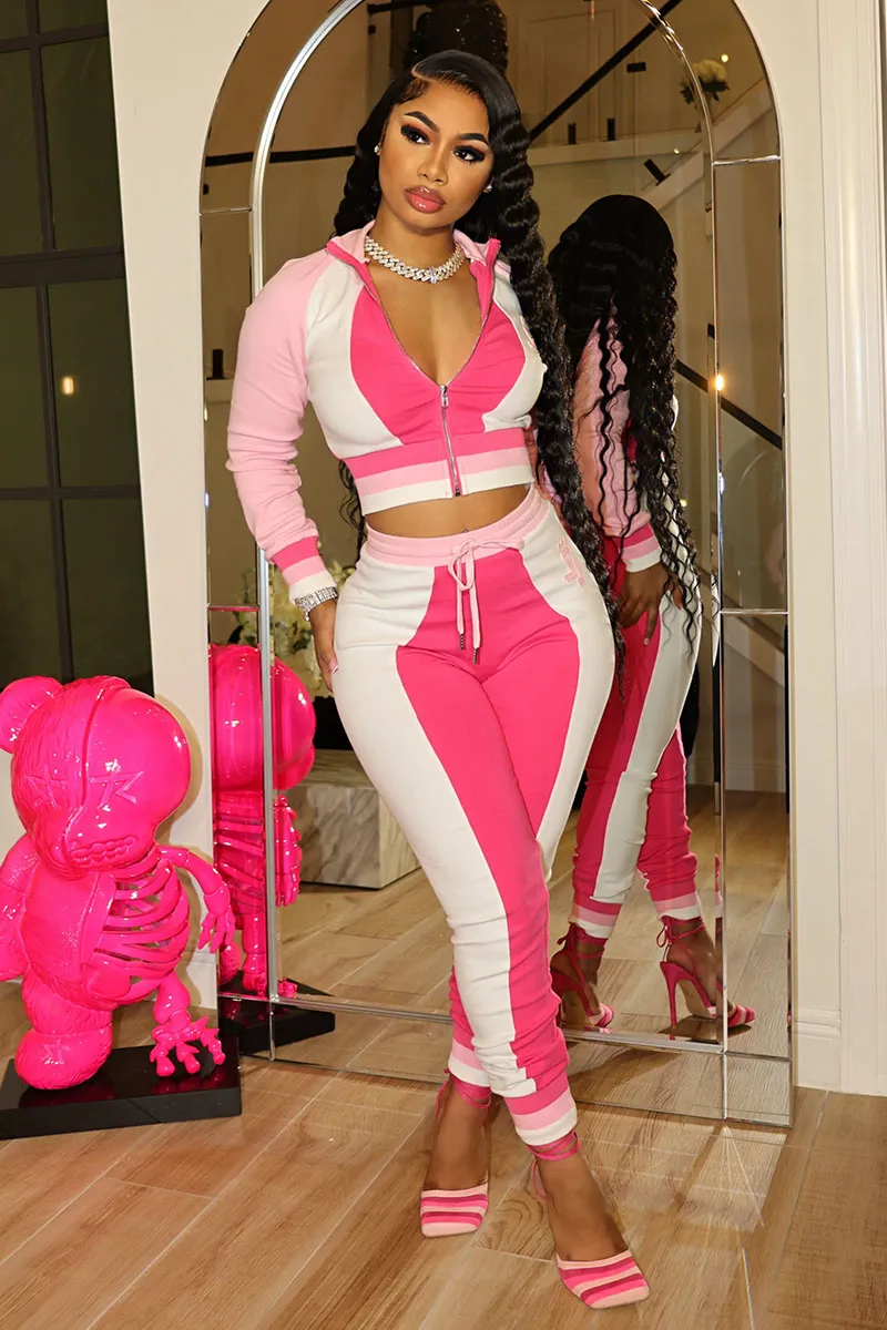Colorblock Zipper Crop Hoodie Drawstring Sweatpants Casual Matching Set-Fuchsia