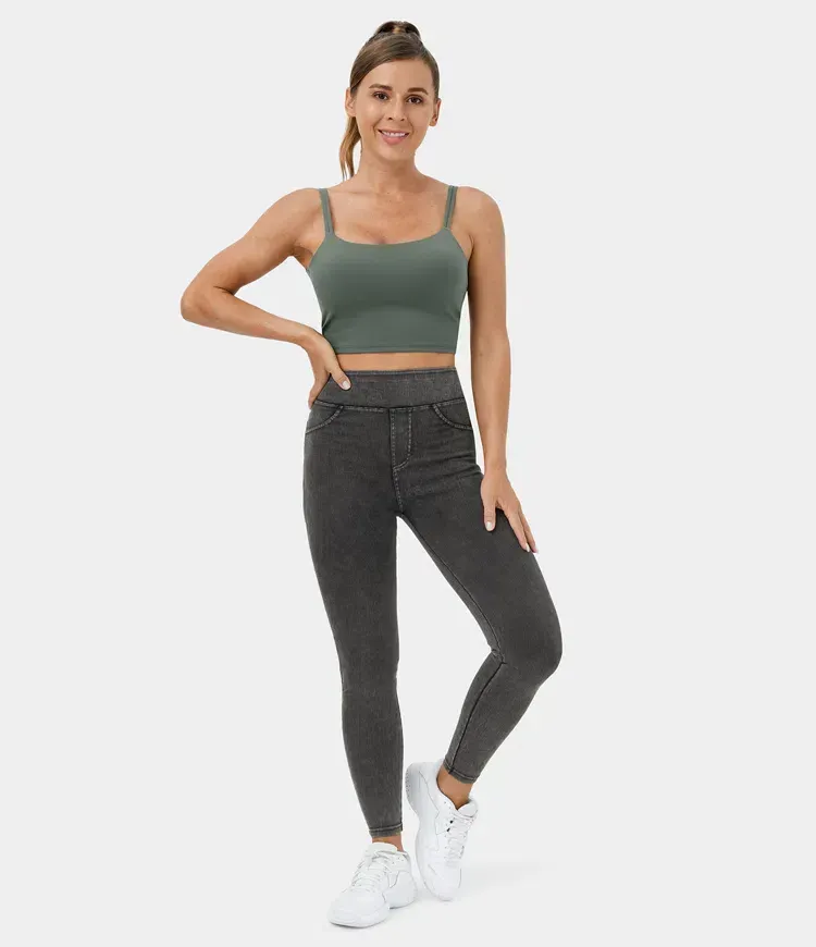 High Waisted Back Side Pocket Stretchy Knit Denim Casual Leggings