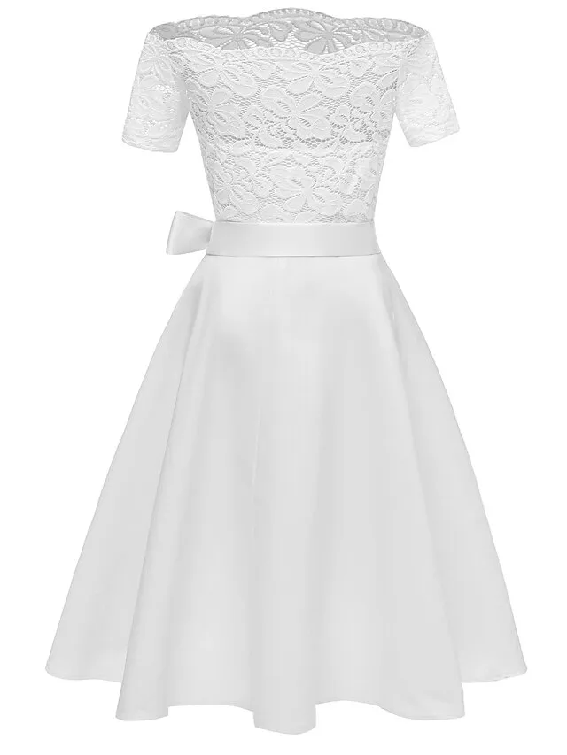 Women's Black Dress Party Dress Lace Dress Knee Length Dress White Pink Wine Short Sleeve Pure Color Lace Summer Spring Fall Off Shoulder Elegant Party Wedding Guest Birthday 2022 S M L XL XXL