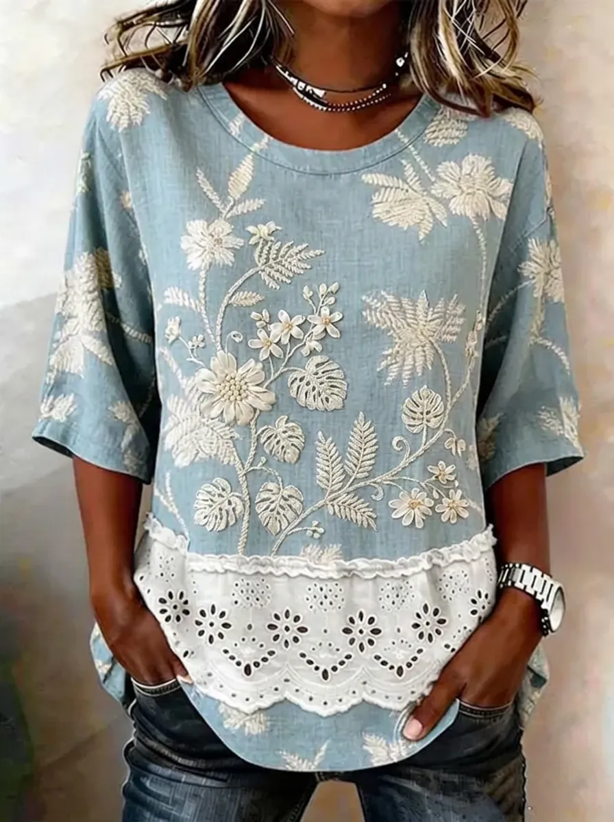 Women's Nashville Floral Embroidery Lace Trim Printed Top
